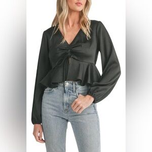 Chic Black Ruched Blouse with Tie Detail